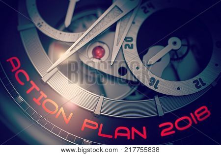 Vintage Watch with Action Plan 2018 on the Face, Symbol of Time. Time and Work Concept with Glowing Light Effect. 3D Rendering.