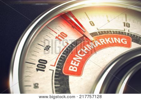 Metal Manometer with Red Punchline Reach the Benchmarking. Illustration with Depth of Field Effect. 3D.