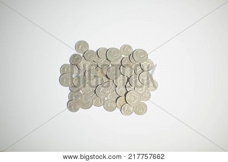 Old russian coins isolated on white background. Old russian currency. Old Russian rubles and kopecks from period 60th to 90th.  Antiques. Antic.Currency background