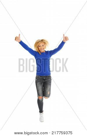 Young happy woman is jumping. Freedom and joyful.