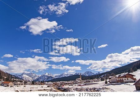 Panorama Of Mountain Range And Village Padola Dolomites Italy In Winter