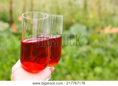 Two glasses with homemade red vine in a hand on farm yard background in countryside at summer.