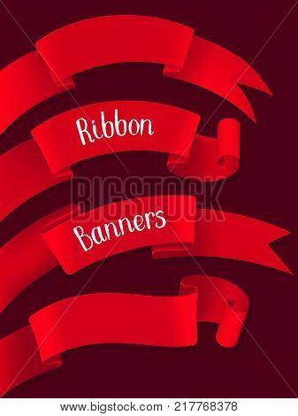 Red ribbon banners isolated on a dark background. Stock vector illustration.