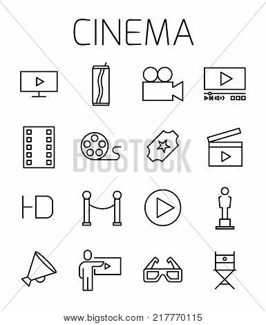 Cinema related vector icon set. Well-crafted sign in thin line style with editable stroke. Vector symbols isolated on a white background. Simple pictograms.