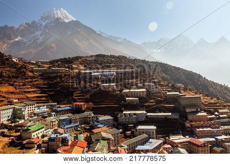 Panoramic view of Namche Bazaar, Everest trek, Himalaya, Nepal.