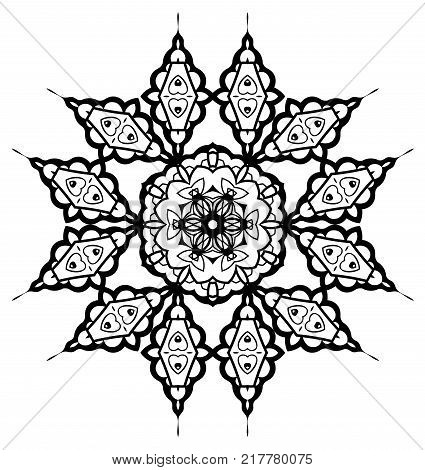Snowflake Mandala. Vintage decorative elements. Oriental pattern, vector illustration. Coloring book page. Islam, Arabic, Indian, moroccan spain turkish mystic ottoman motifs