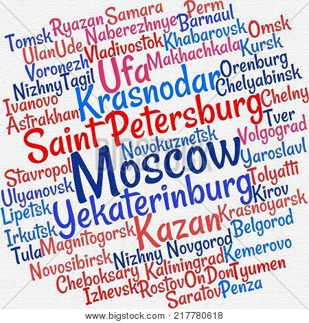 Towns in Russia word cloud concept over white background