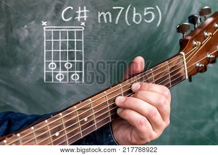 Man in a blue denim shirt playing guitar chords displayed on a blackboard, Chord C minor 7(b5)