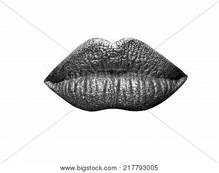sexy female golden or gold lips isolated on white background as makeup or body art painted mouth metallized color