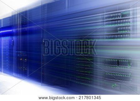 Data center with hard drives. Big data and speed motion concept