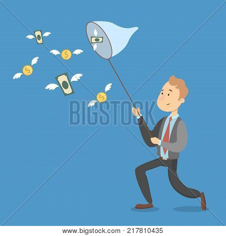 Isolated businessman catching flying money with net.