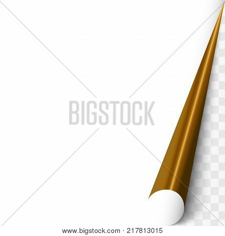 Page curl blank. Gold paper corner. Sheet of paper with page curl. Element for advertising and promotional. Corner sticker. Vector eps10