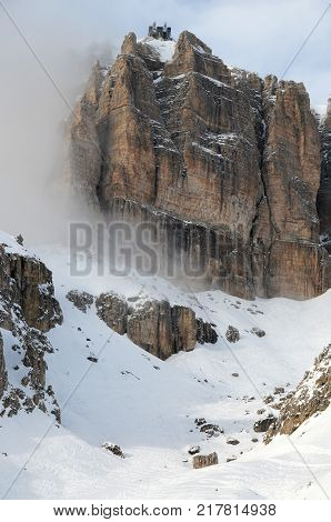 Sass Pordoi Group with snow in the Italian Dolomites, from Pass Pordoi. Italy.