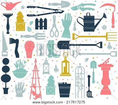 Vector set of gardening tools. Agriculture equipmen for design. Silhouettes of garden items and plants. Seamless pattern.