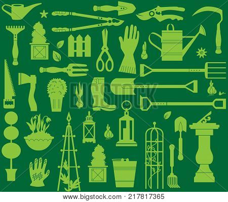 Vector set of gardening tools. Agriculture equipmen for design. Silhouettes of garden items and plants. Seamless pattern.