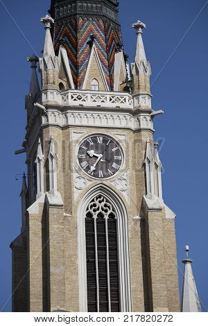 Clock Tower On Church In  Novi Sad - Vojvodina Serbia