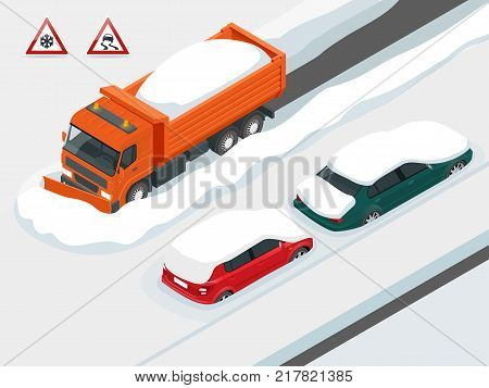 Snow plough truck clearing road after white-out winter snowstorm blizzard for vehicle access. Cars covered in snow on a road during snowfall. Can be used for advertisement, infographics, game