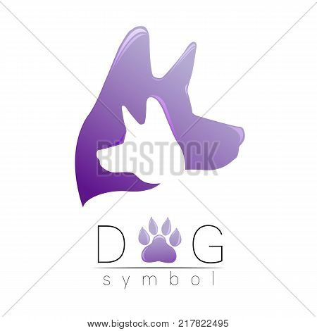 Dog logo vector. Violet trend gradient. silhouette pet. Paw symbol. Label for web, clinic, shop, medical, care, logotype. Creative company concept. Identity style 2018 New year of Dog