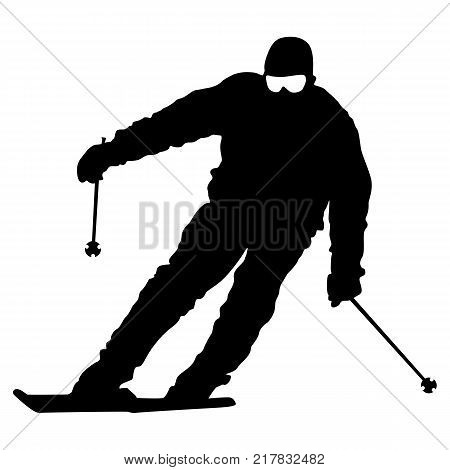 Mountain skier  speeding down slope. Vector sport silhouette.