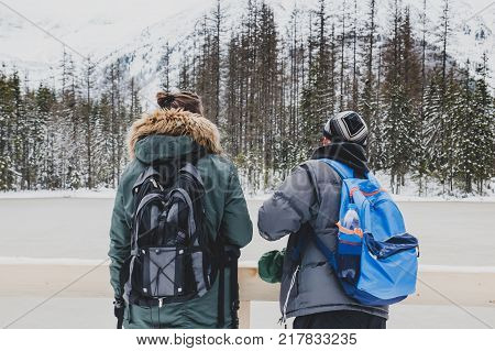 A guy and a girl look at the mountains and the frozen lake