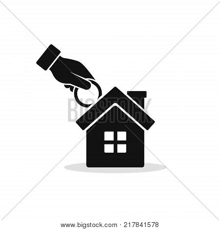 Hand putting coin in house icon. Vector investment concept in flat style real estate investment.