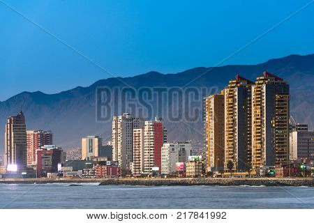 Antofagasta Region de Antofagasta Chile - April 19 2017: Panoramic view of the coastline of Antofagasta know as the Pearl of the North and the biggest city in the Mining Region of northern Chile.