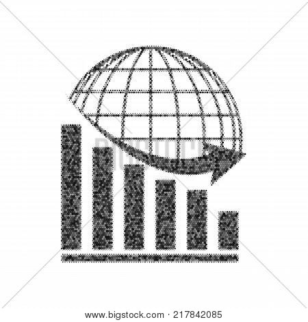 Declining graph with earth. Vector. Black icon from many ovelapping circles with random opacity on white background. Noisy. Isolated.