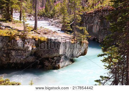 Turquoise colored waters from Tokumm Creek flows through Marble Canyon in Kootenay National Park British Columbia Canada near Banff.