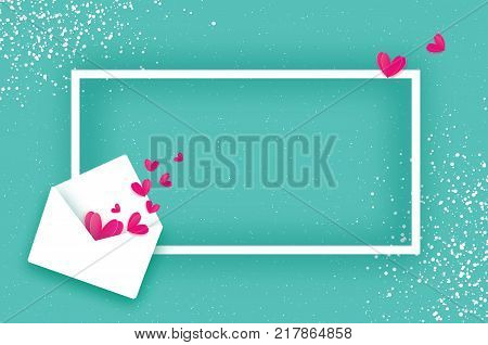 Mail Love. Envelope in paper cut style. Origami Pink Hearts. Valentines day Greeting card. Rectangle frame. Space for text. Be my valentine. 14 february. Romantic card on sky blue. Vector