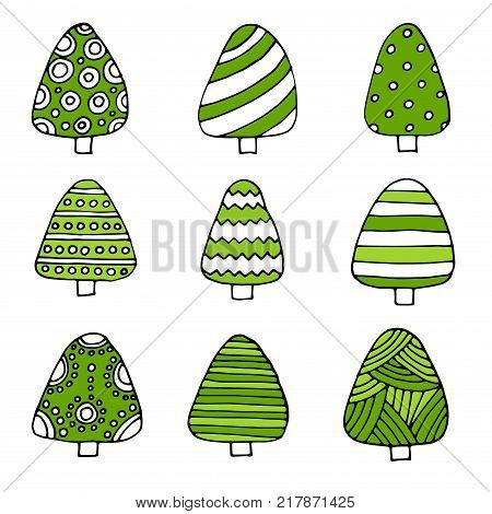 Hand Drawn Set Of Christmas Trees. Holidays Background. Abstract Doodle Drawing Woods. Vector Art Il
