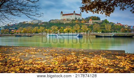 Castle in Bratislava over the river Dunabe the capitol of Slovakia
