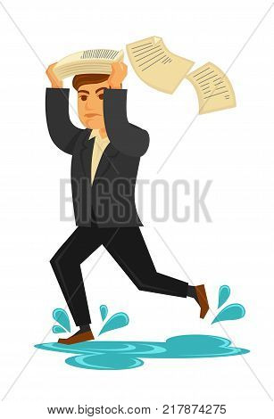 Rainy weather and man saving from rain under paper or newspaper over head. Man running in puddle with splashes under raining drops. Vector flat isolated icon
