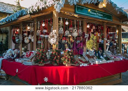 AOSTA, ITALY - DECEMBER 3, 2017: Christmas market in the center of Aosta city, Italy