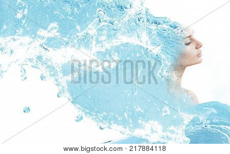 Double exposure of young woman and water splashes. Healthy skin, water balance, harmony concept.