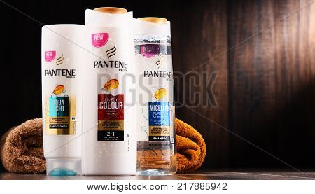 POZNAN POLAND - DEC 7 2017: Bottles of Pantene shampoo popular brand of hair care products owned by Procter & Gamble.
