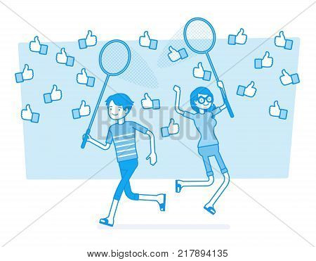 Likes net catching. Young people trying to get more symbols of approval, signs of internet audience encouragement for social media profile. Vector business concept line art illustration
