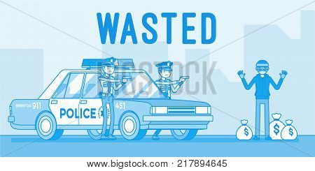 Wasted in video game. Player is injured and collapses, protagonist losing all of health, being shot or caught by the police. Vector line art illustration
