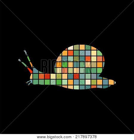 Snail mollusk shell mosaic color silhouette animal background black. Vector Illustrator
