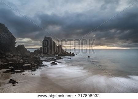 Stunning, Vibrant Sunrise Landscape Image Of Barafundle Bay On Pembrokeshire Coast In Wales