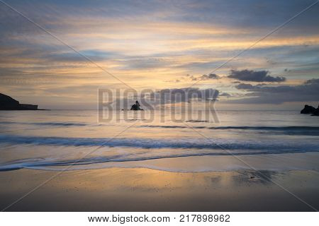 Beautiful Sunrise Landsdcape Of Idyllic Broadhaven Bay Beach On Pembrokeshire Coast In Wales