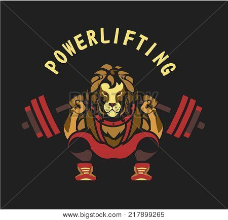 vector illustration of a powerlifting squat with the bar character Leo in sports equipment on a black background logo the competition logo sport club