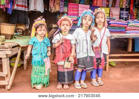 Kayan tribe, Kayan Children in Kayan village, Kayah State, Myanmar, Oct-2017