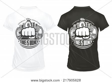 Vintage cash prints template with lettering hand holding dollar banknotes and bag of money on shirts isolated vector illustration