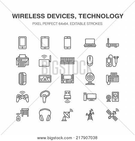 Wireless devices flat line icons. Wifi internet connection technology signs. Router, computer, smartphone, tablet, laptop, satellite. Vector linear illustration electronic store. Pixel perfect 64x64.