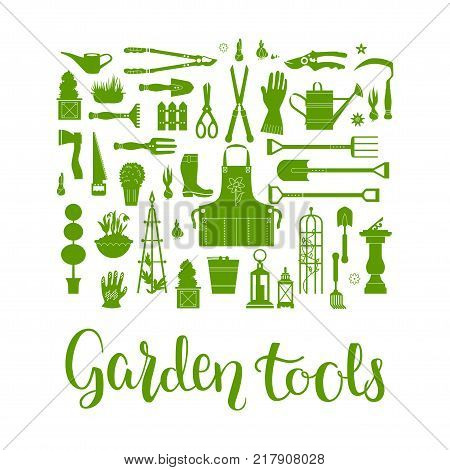 Vector set of gardening tools. Agriculture equipmen for design. Silhouettes of garden items and plants