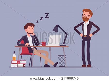 Sleep at office work. Young manager relaxing at workplace desk during working hours caught by boss, lazy employee, staff reduced productivity. Vector business concept flat style cartoon illustration