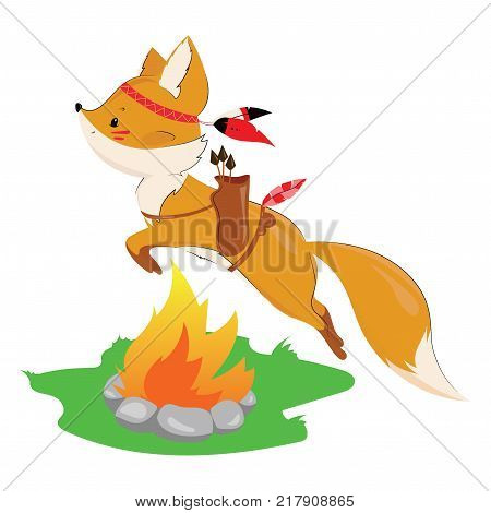 Cartoon fox with an Indian headdress made of feathers on his head. A lovely stylized fox jumped over the fire. Vector illustration. Wild animal.