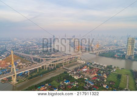 Sky View Of Phayathai District View Business Downrown Of Bangkok