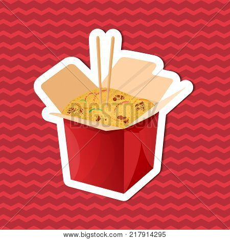 Sticker of noodles wok in paper box on red striped background. Graphic design elements for menu, poster, brochure. Vector illustration of fast food for bistro, snackbar, cafe or restaurant