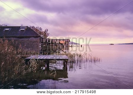 Old wooden boat houses at Lake Starnberg in Bavaria Germany